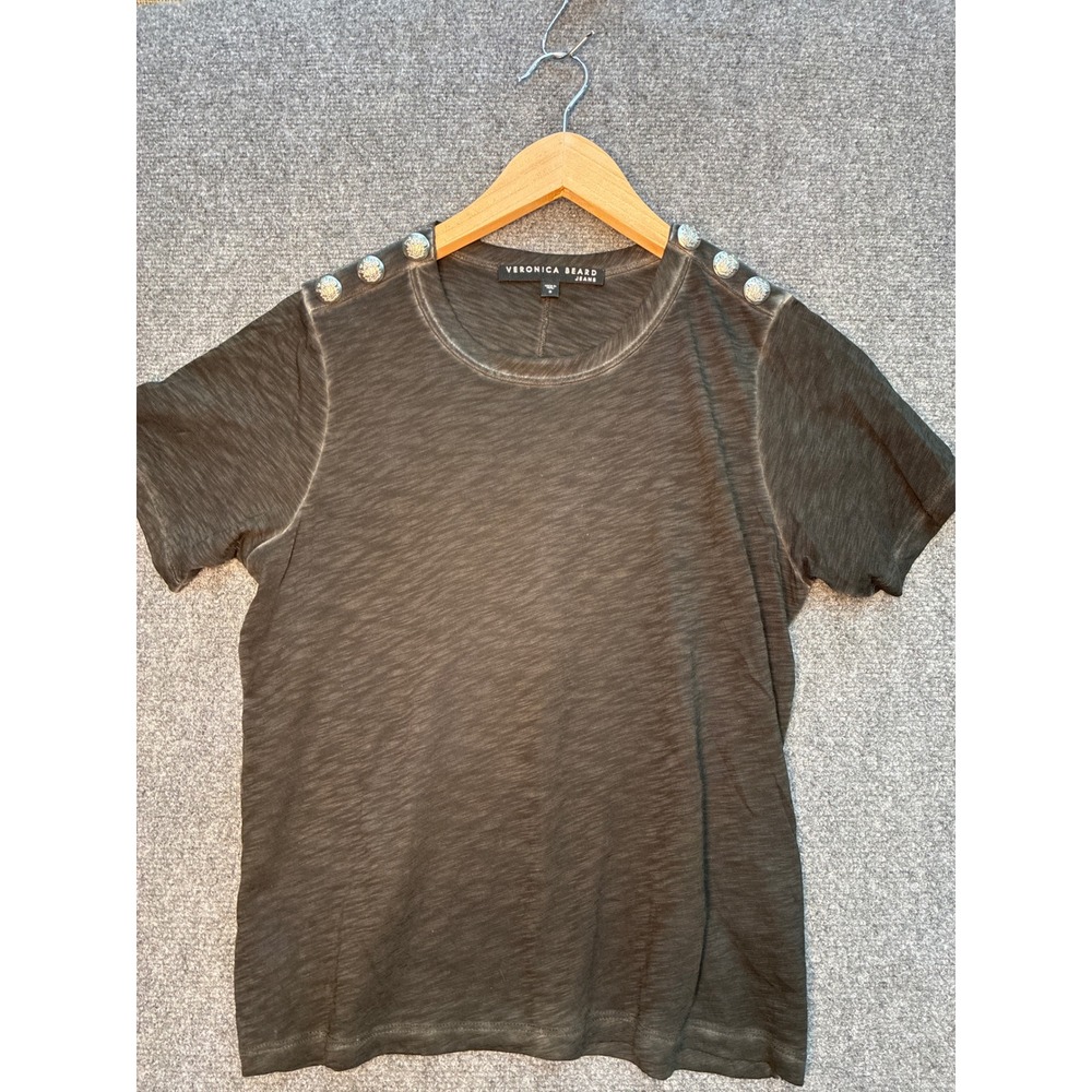 Veronica Beard‎ Jean Silver Button Shoulder Slub Knit T-Shirt Faded Black Small